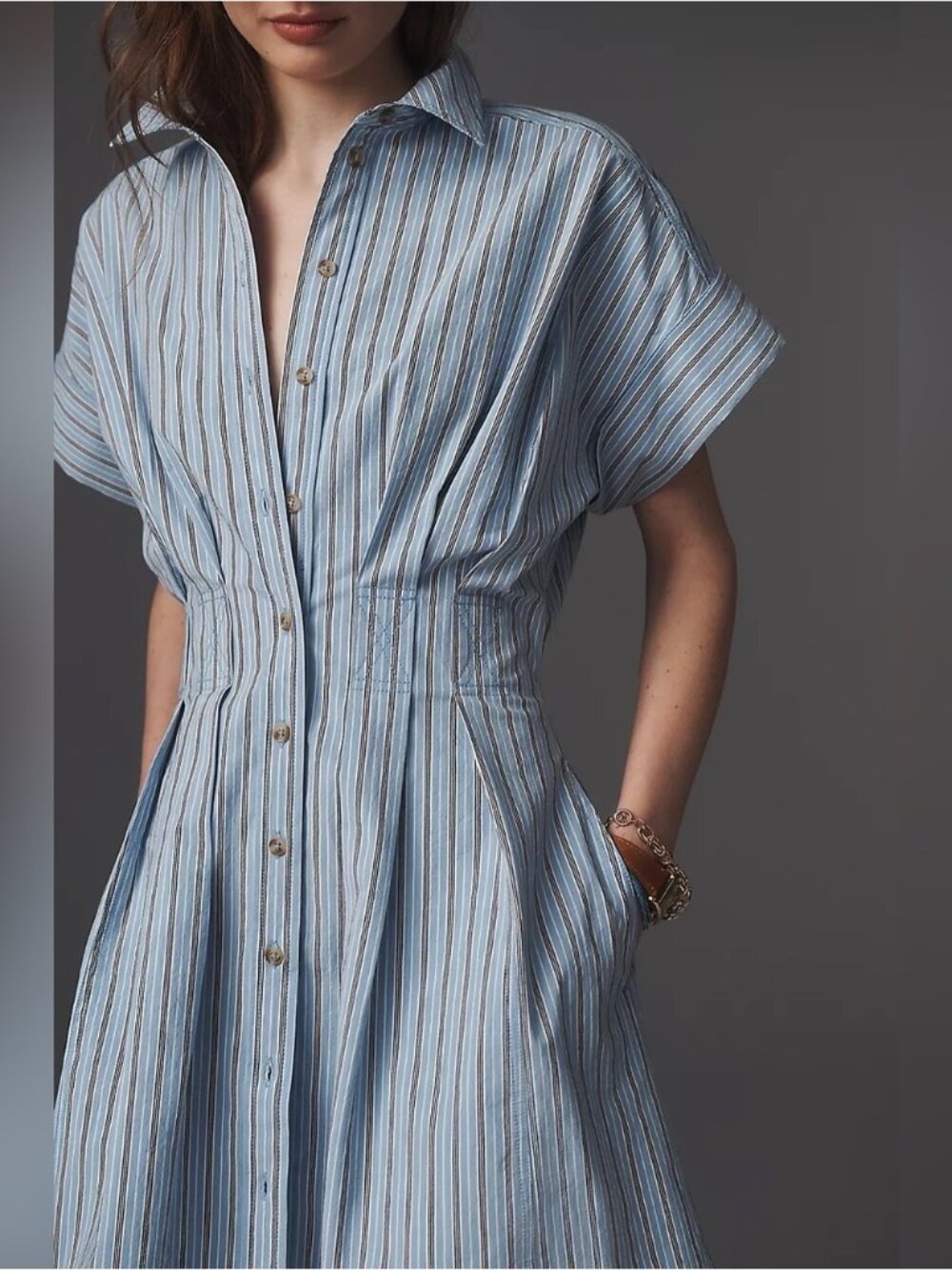 NWT Size L - Anthro Bobbi Short-Sleeve Waisted Dress Cotton w Pockets (US$ 158)